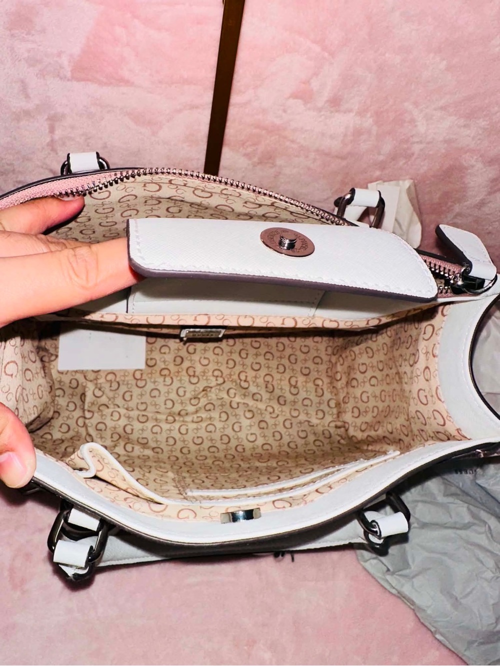 GUESS Pink Logo Satchel with White Handles and Strap - Picture 4 of 5